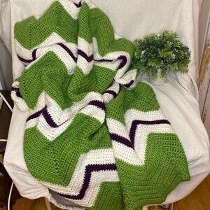 Handmade Afghan Blanket Green/Purple/White, Size 48x55